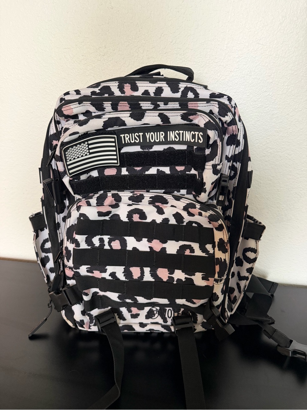 WOLFPACK Leopard Print Backpack - Black, White & Pale Pink - Picture 2 of 14